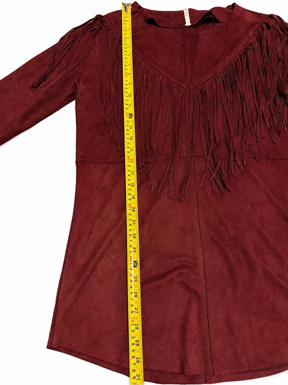 RAGA Burgundy Fringe Faux Suede Mini Dress Festival Western Cowgirl Longsleeve - Picture 6 of 8